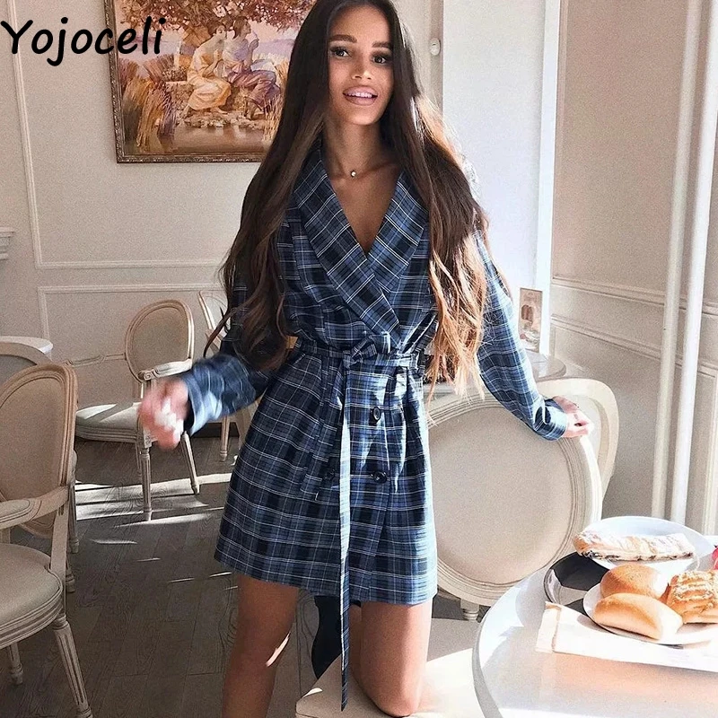 Yojoceli/элегантные длинные клетчатые костюмы с поясом Блейзер сезон осень красивые