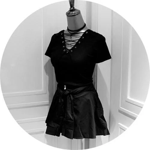 Женская Черная футболка с v образным вырезом в стиле панк T014|Футболки| |