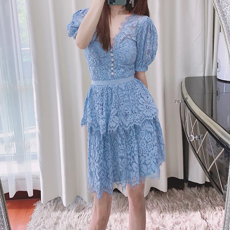 

2020 fall woman lace dress blue short dresses