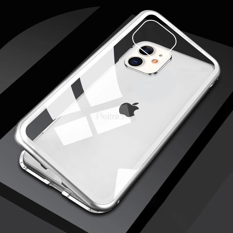Silver Magnetic Adsorption Metal Case For iPhone 11 Pro X XS Max Tempered Glass Back Magnet Cover For iPhone 6 6s 7 8 Plus 11Pro Cover - Цвет: Silver