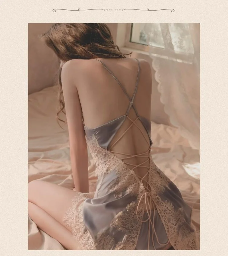 Women's Nightgown Nighty Sexy Sleeping Dress Bandage Summer Backless Sling Satin Sleepshirts Lace Sleepwear Ladies Night Wear