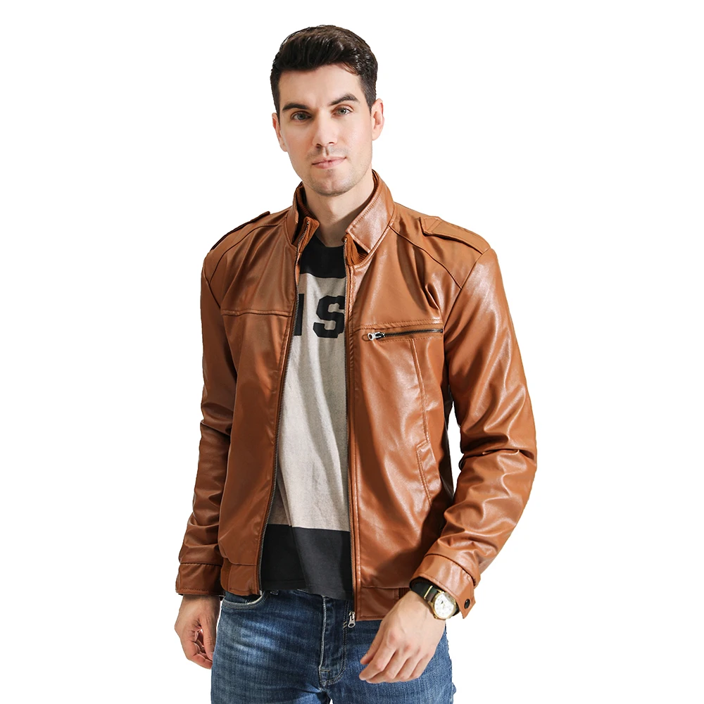 Мужская повседневная кожаная куртка с воротником стойкой тонкая однотонная