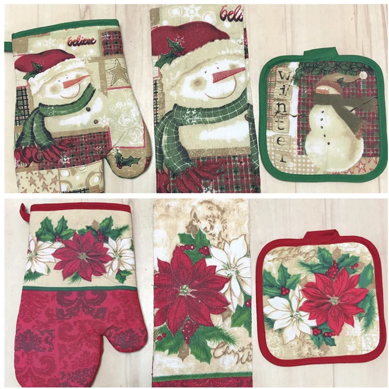 

3Pcs/Set Cotton Printed Christmas Snowman Peace Flower Kitchen Insulation Glove Potholder Placemat Towel Xmas Gift