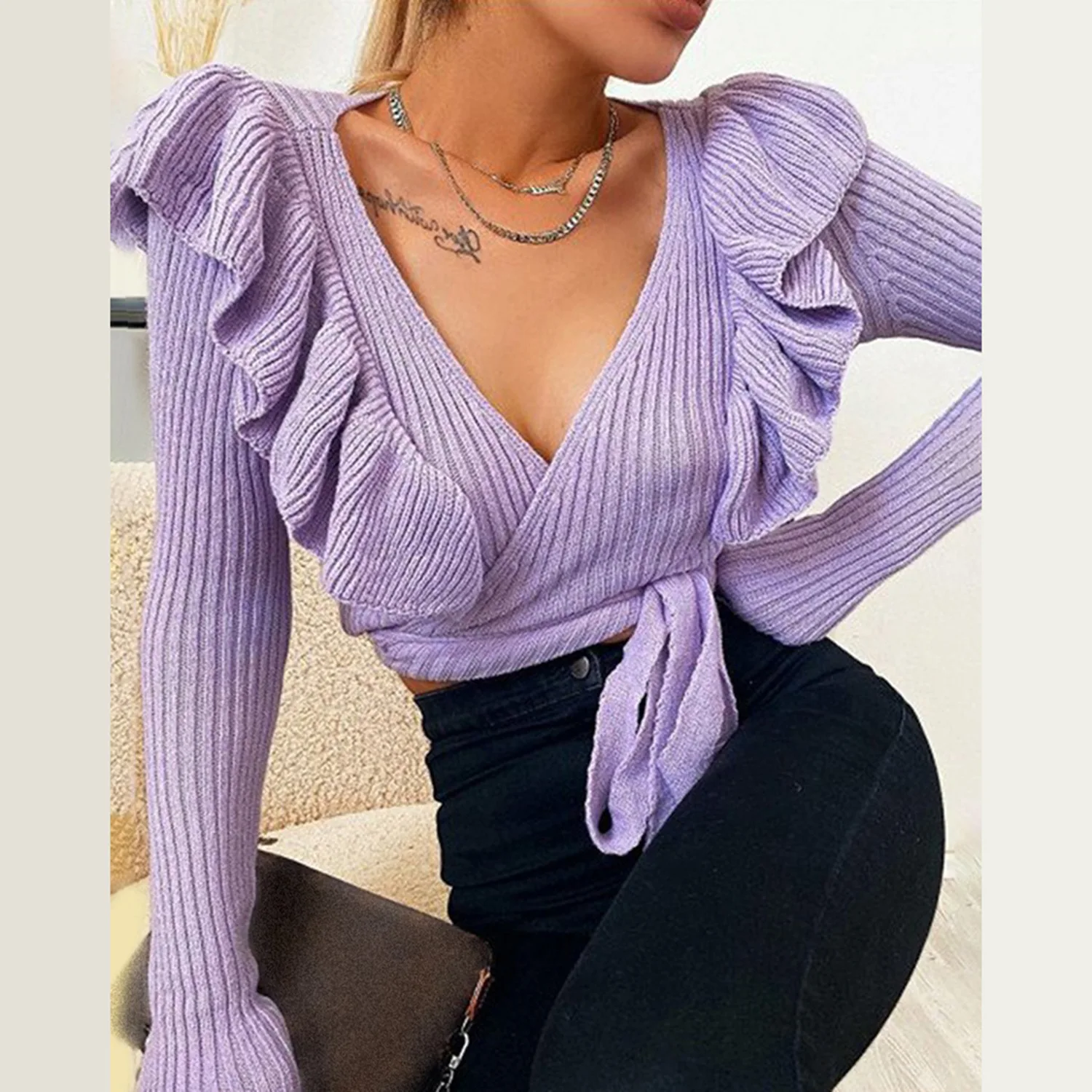

Vintage Stylish Ruffles Short Style Knitted Sweater Women 2020 Fashion V-Neck Long Sleeve Sweet Pullovers Chic Tops Puff Femme