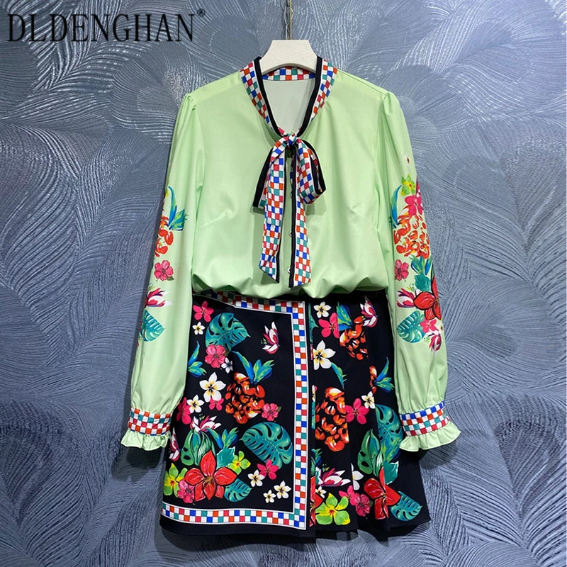 

Женский костюм с бантом DLDENGHAN, Топ с длинным рукавом и черная юбка с цветочным принтом, костюм в стиле инди, осень