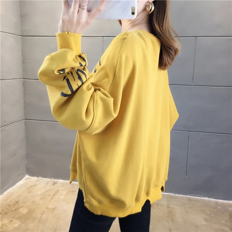 

Women Long Sleeve Round Neck Sweatshirt Solid Color Irregular Hem Printed Tops BX0B