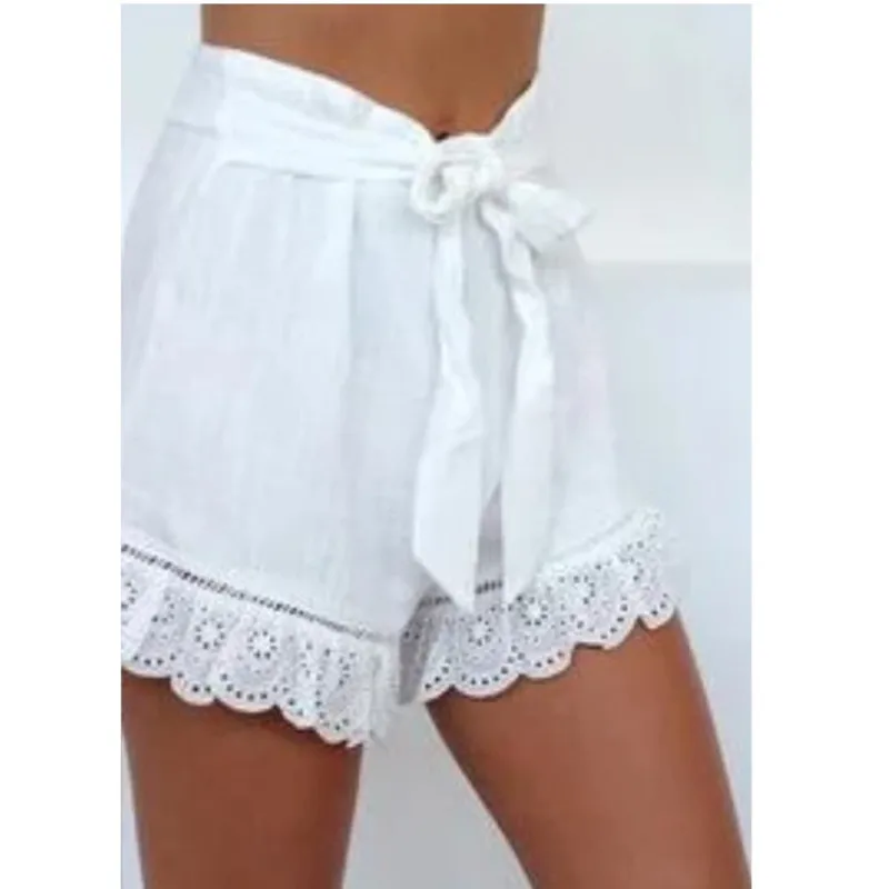 

2021 New Style Pure Color Shorts Wide-Leg Short Pant Femme Thin Lace Stitching Green Waist Wide Loose High-Waist Shorts Women