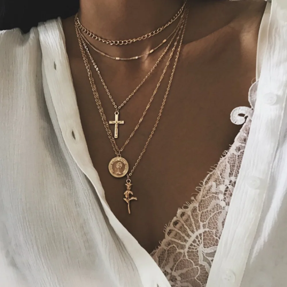 Женское многослойное ожерелье Нотр Дам с золотистым крестом и розой в стиле бохо