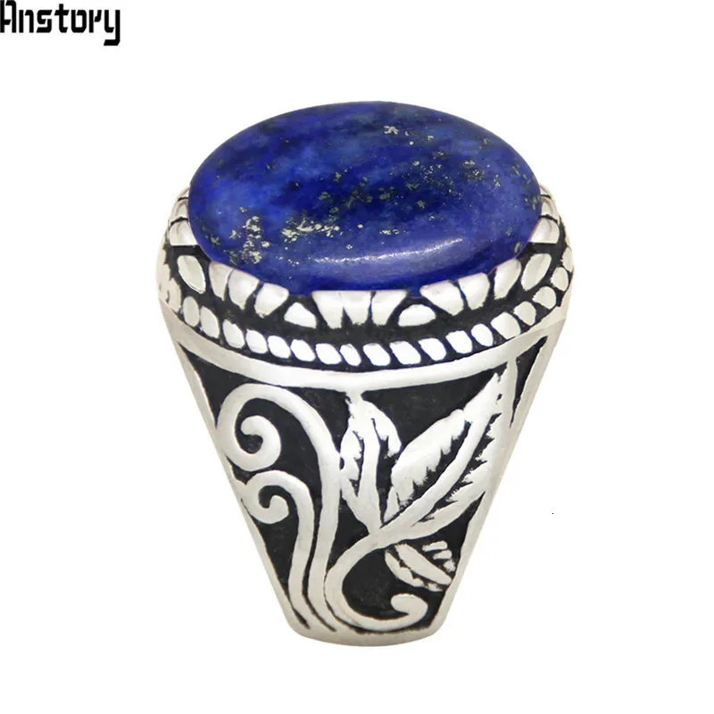 Oval Lapis Lazuli Stainless Steel Rings Natural Stone Leaf Plant Vintage Fashion Jewelry TR730