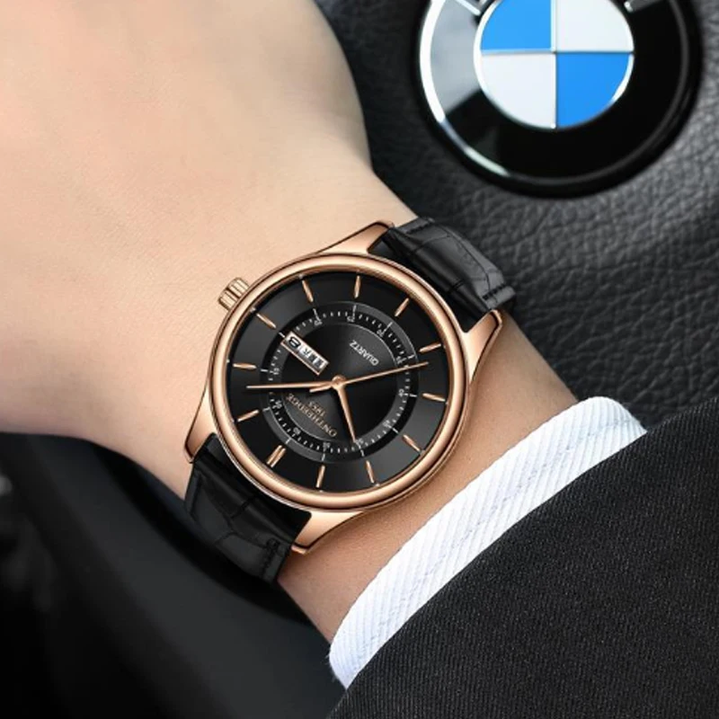 Часы наручные мужские бизнес часы круглые кварцевые водонепроницаемые кожаный