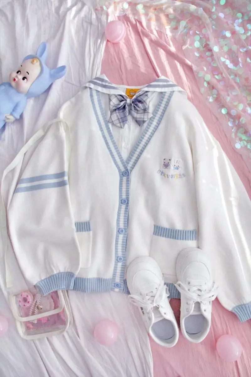 

Knit Cardgian Female Sweet Cute bear Bunny Embroidery Soft Sister JK preppy Stripe Uniform Jacket Girl Blue White Autumn Tops