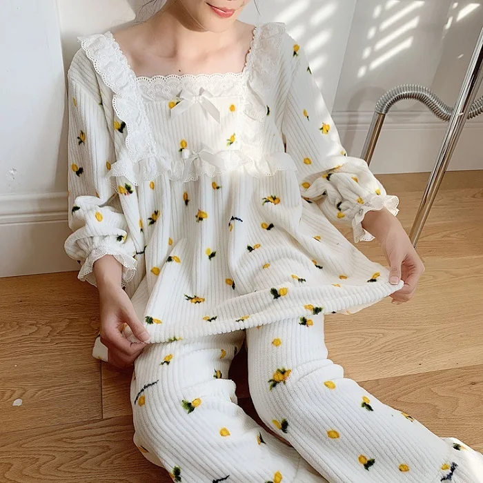 Lemon Print Осенне-зимние милые мягкие толстые фланелевые женские пижамные комплекты женские пижамы с принтом фруктов и длинными рукавами, костюмы для сна подарок - Цвет: Lemon Print