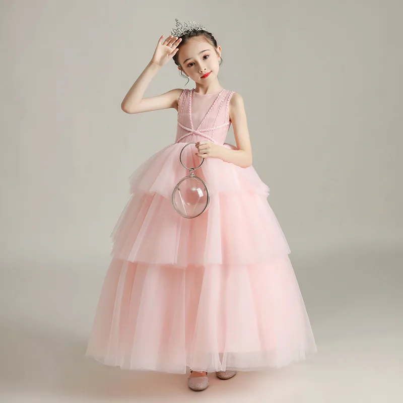 

Children Girls Elegant Pink/white Color Birthday Wedding Party Princess Fluffy dress Kids Teens 3~12T Piano Host Dress Clothes