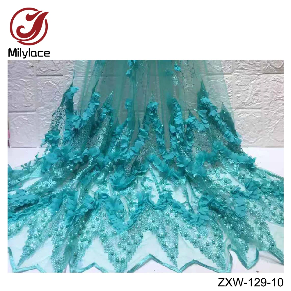 Turquoise Новая кружевная ткань Африканская кружевная ткань высокое качество кружева бисером французская нигерийская кружевная ткань 3D кружева 5 ярдов в партии - Цвет: Turquoise