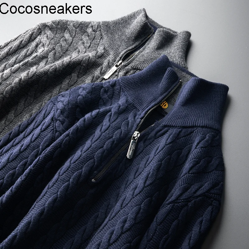 

Elegant gentleman comfortable skin friendly cotton wool three-dimensional twist knit men's autumn and winter semi zipper stand