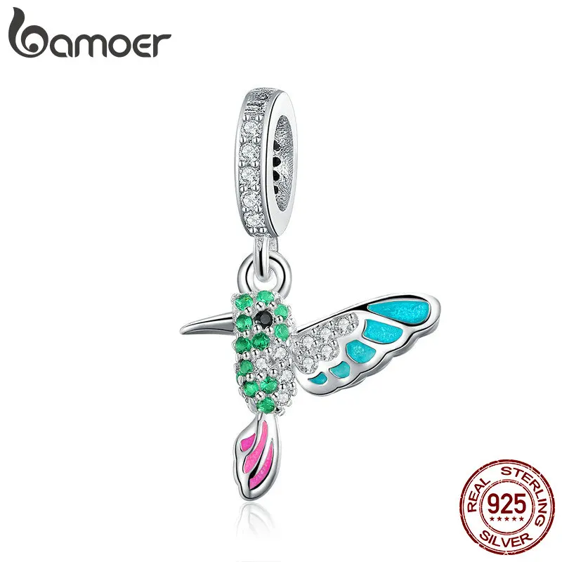 BAMOER, 925 пробы, серебряный, зеленый, кулон, цветной, CZ, птица, животное, талисманы, подходят для браслетов, браслеты, сделай сам, ювелирное изделие SCC991