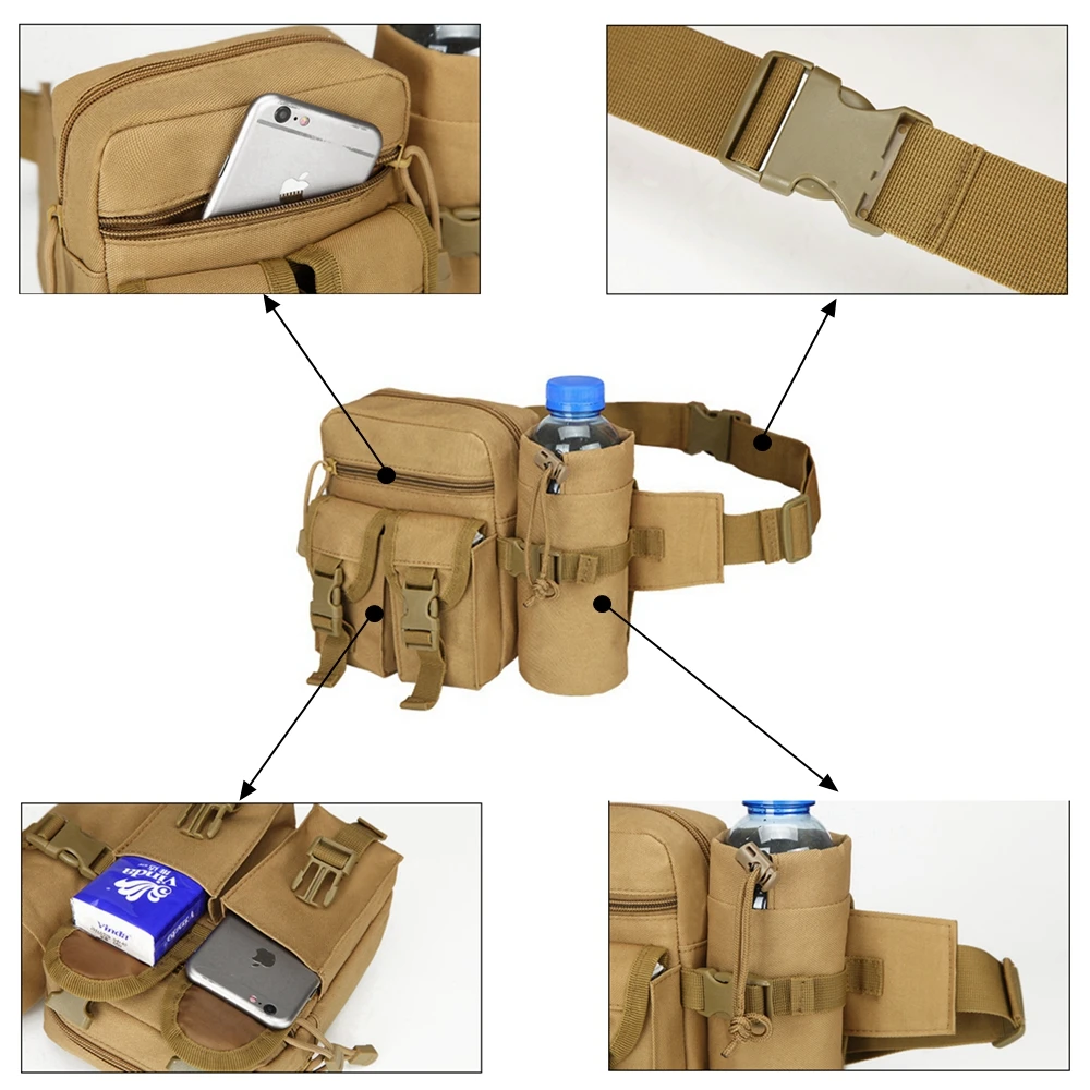

Tactical Men Waist Trip Nylon Hiking Water Bottle Phone Pouch Bag Outdoor Sports Army Military Hunting Climbing Camping Belt