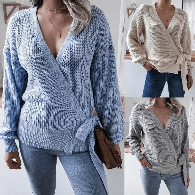 

Casual Knitwear Women Fashion Pure Color Loose V-neck Lace-up Sweater Long Sleeve Sexy Thin Lazy Temperament Warm Pullover