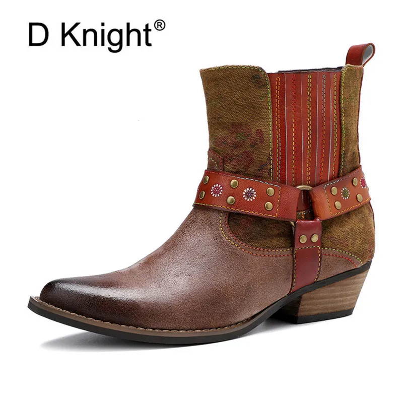 

2021 New Winter Genuine Leather Ankle Boots For Women Shoes Retro Ladies Western Cowboy Boots Vintage Rivet Female Chelsea Boots