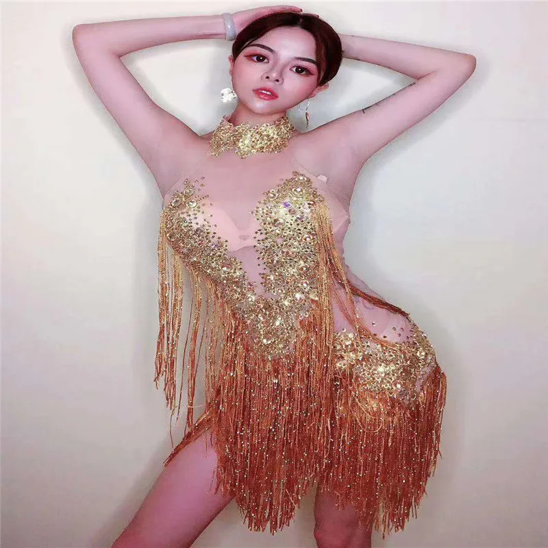 

A49 Gogo stage dance wears gold tassel rhinestones bodysuit sexy mesh female tights stretch crystal outfits perspective dress dj