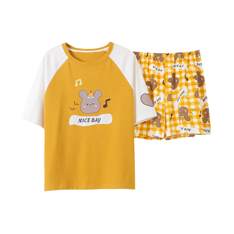 

Yellow Cotton Pijamas Mujer Comfort Sleepwear Loose Pyjamas 2021 New Women Pajamas Set Cartoon Pattern Short Sleeves Shorts