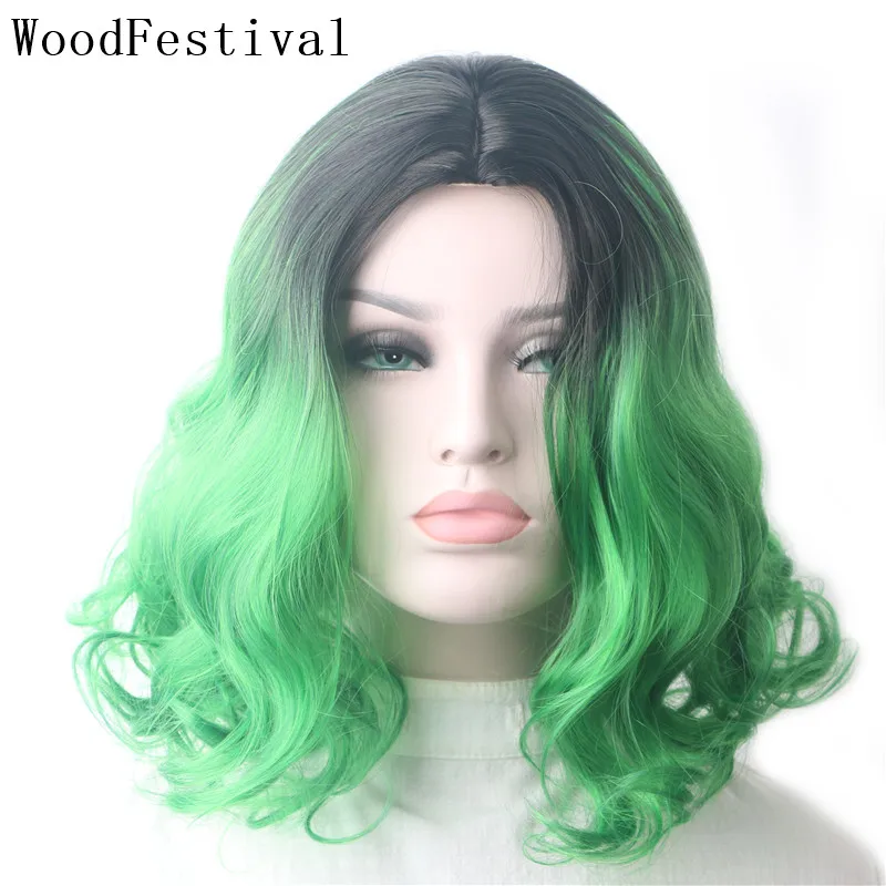 

WoodFestival Synthetic Hair Cosplay Bob Wig Female Short Wigs For Women Curly Ombre Green Burgundy Black High Temperature Fiber