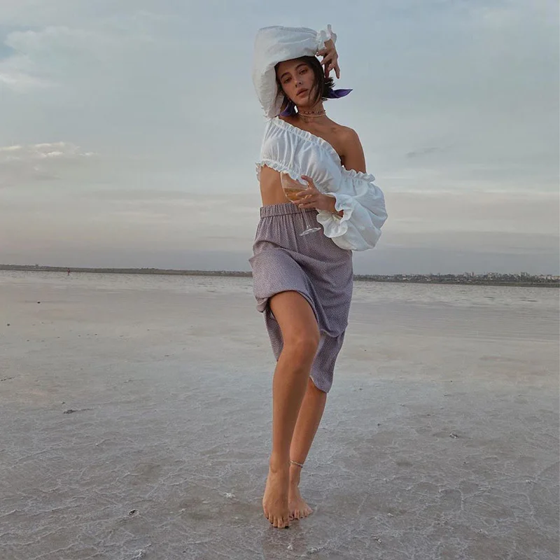 

Women Long Sleeve Crop Tops Off Shoulder Solid Color Puff Sleeve Tops Lady Autumn Sexy Slim Clubwear