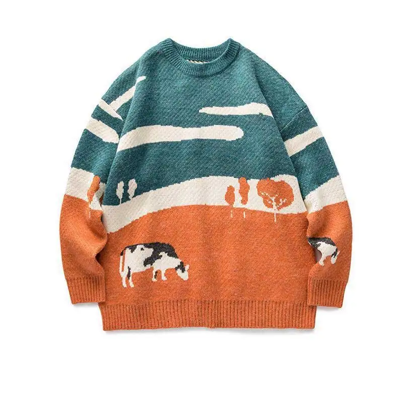 

Youth Men Cows Vintage Winter Sweaters 2021 Pullover Mens O-Neck Korean Fashions Sweater Women Casual Harajuku Clothes