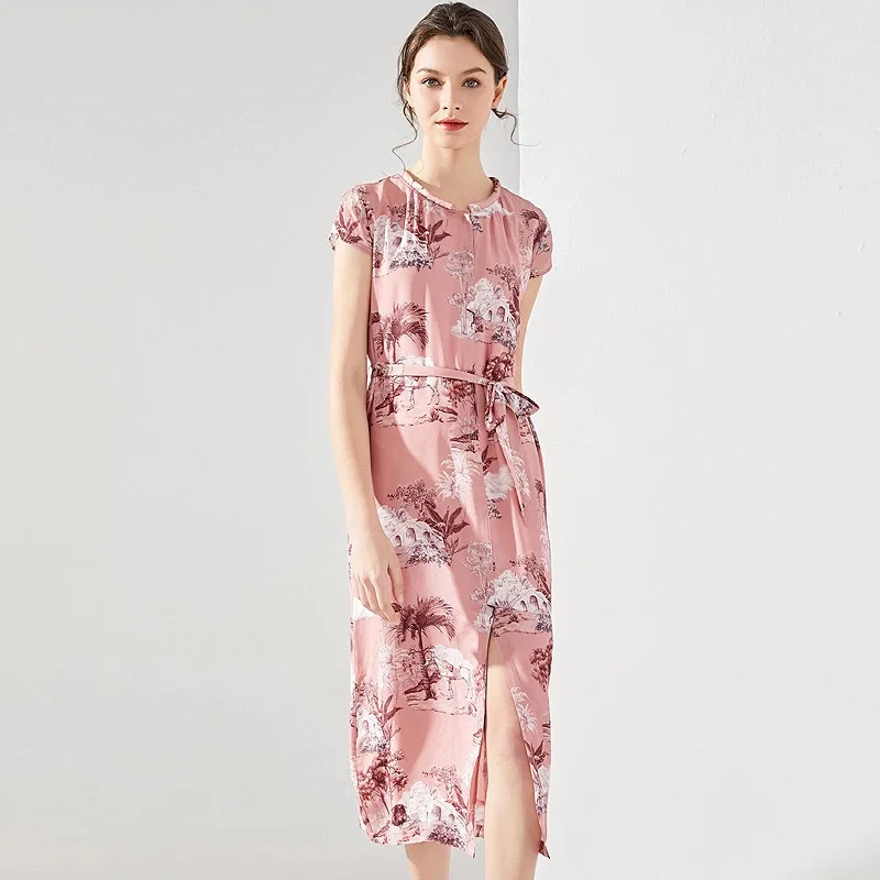 

silk dresses women natural 2020 spring summer printed pink floral office casual sexy beach dress fairy plus size high quality