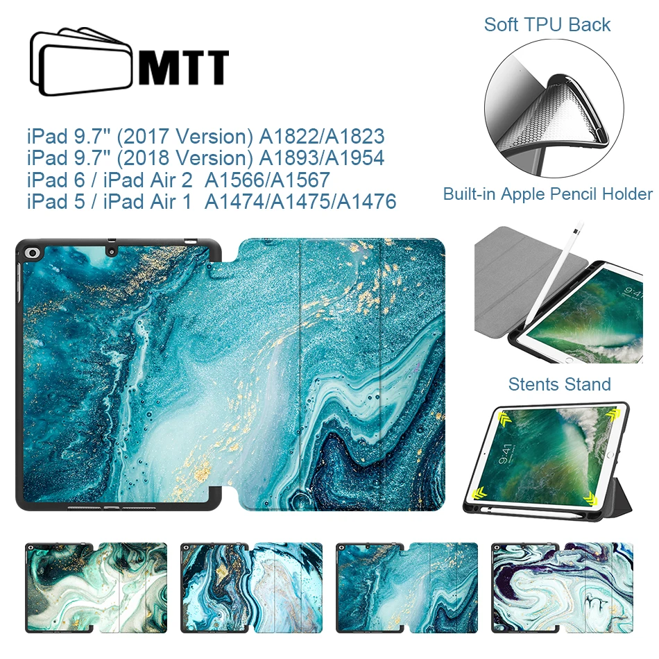 Чехол MTT marble для iPad 9,7 дюймов, мягкая задняя панель из ТПУ+ откидная подставка из искусственной кожи, умный чехол для iPad Air 1 2, чехол для планшета, Fundas