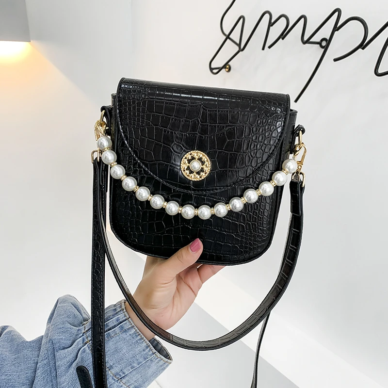 

2021 New Women Cross Bags Pearl Chain Mobile Phone Handbag Female High Quality Crocodile Pattern Small Shoulder Bag
