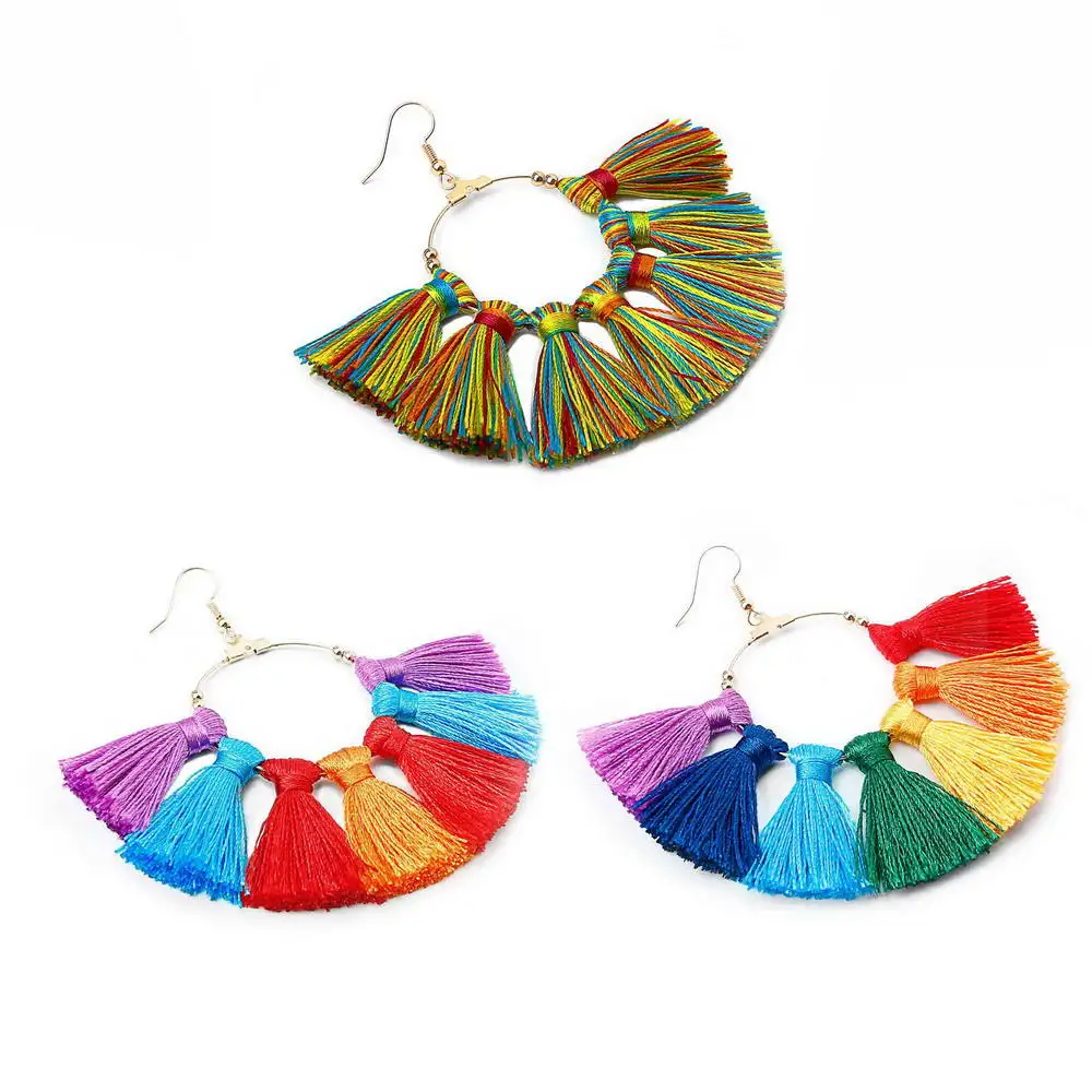

E7420 ZWPON Summer Colorful Tassel Earrings 2020 New Wrapped Cotton Fan Fringe Earrings Jewelry Wholesale Women Trendy Round