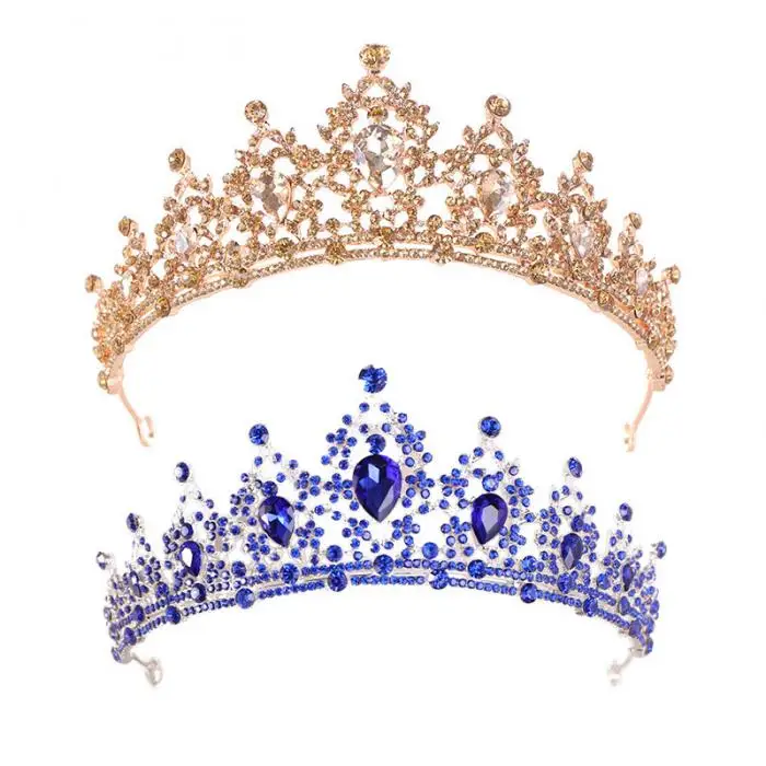 Wholesale Women Girl Diadem Blue Gold Tiaras and Crowns Crystal Hair Jewelry for Queen Princess Birthday Pageant Bride Wedding