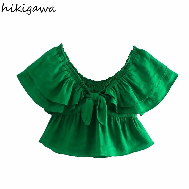 

Рубашка Hikigawa с воротником-лодочкой, милая блузка с коротким рукавом и бантом, модные облегающие Элегантные зеленые блузки, женский топ в сти...