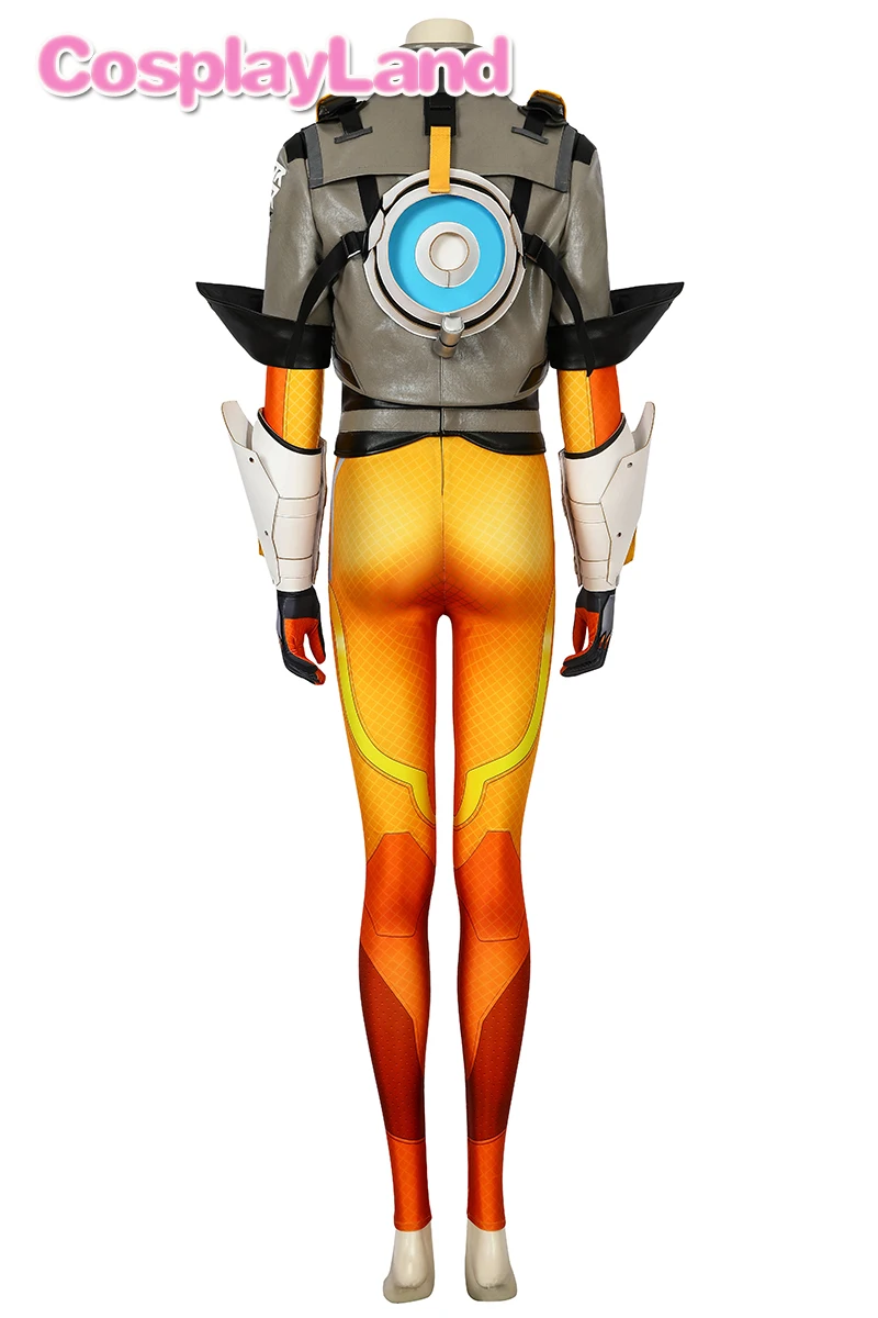 Game OW2 Lena Oxton Tracer Cosplay Outfit Soldier 76 Halloween Costumes with Jumpsuit Shoes Glasses LED Light Chest Back Props