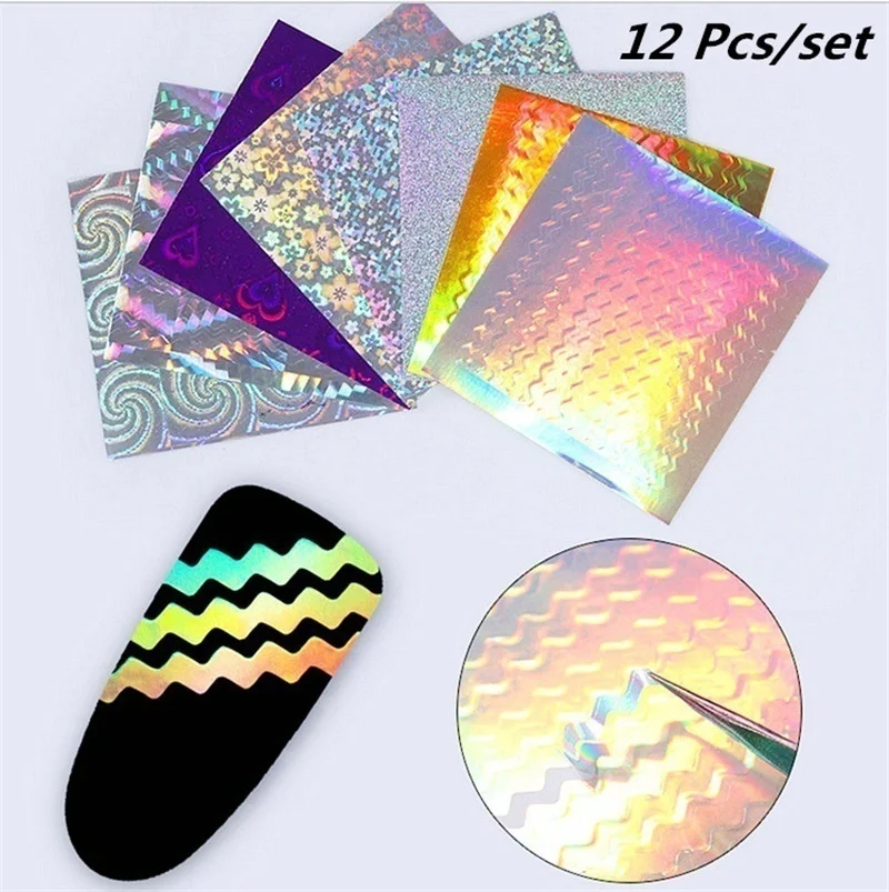 

12 Pcs/set 3D Adhesive Holographic Nail Sticker Ultra Thin Laser Line Candy Foil Decal
