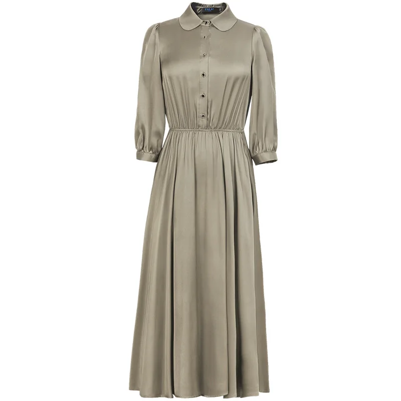 

Newest Fashion Style Dress 2020 Autumn Women Peter Pan Collar Color Block Buttons Mid-Calf Length Large Swing Dress Shirt XXL