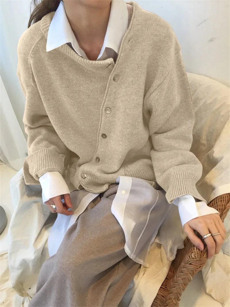 Модный свитер неравномерной длины косая Пряжка однотонный из полиэстра волокна