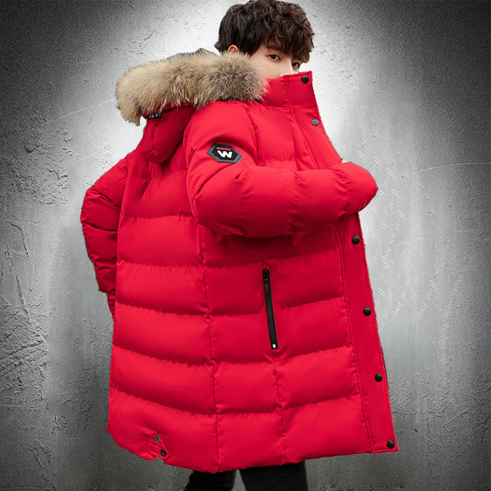 

Зимнее пальто, мужская длинная парка с меховым воротником, пальто, мужская верхняя одежда, Женская куртка с капюшоном, приталенная осенняя к...