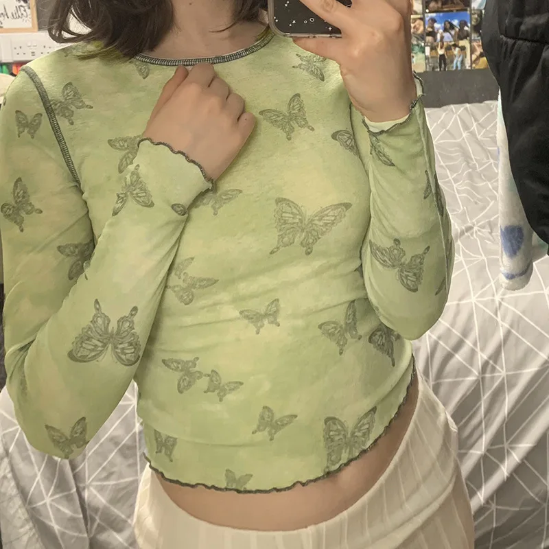 

Y2K Fairycore Aesthetics Butterfly Pattern Long Sleeve T-shirts E-girl Vintage O-neck Stitch Lettuce Trim Crop Tops Cute