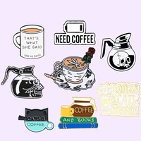 no coffee no soul pins books cat skull latte coffee pot cup power brooch coffee lover badge cartoon jewelry gifts pin wholesale
