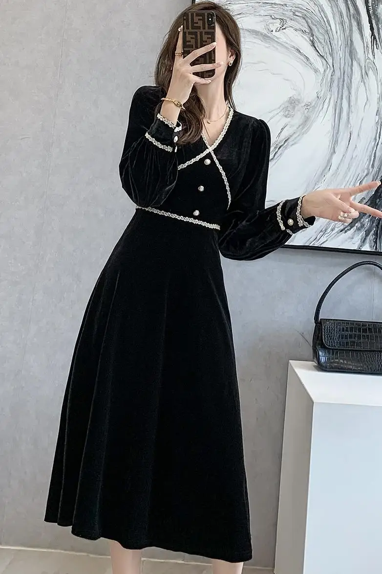 

High-quality dress 2021 autumn new retro long-sleeved V-neck waist slimming dress Korean fashion women's clothing