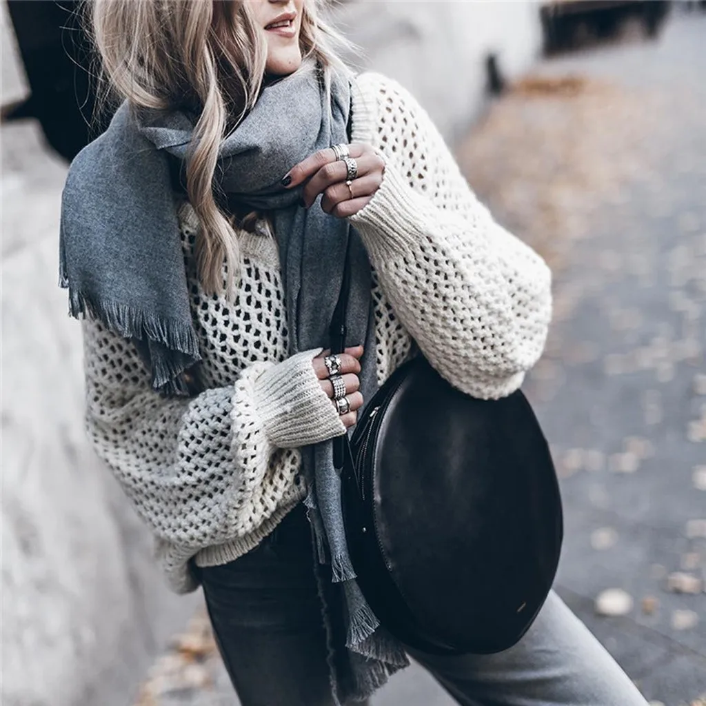 Женский пуловер с длинным рукавом однотонный трикотажный свитер круглым вырезом