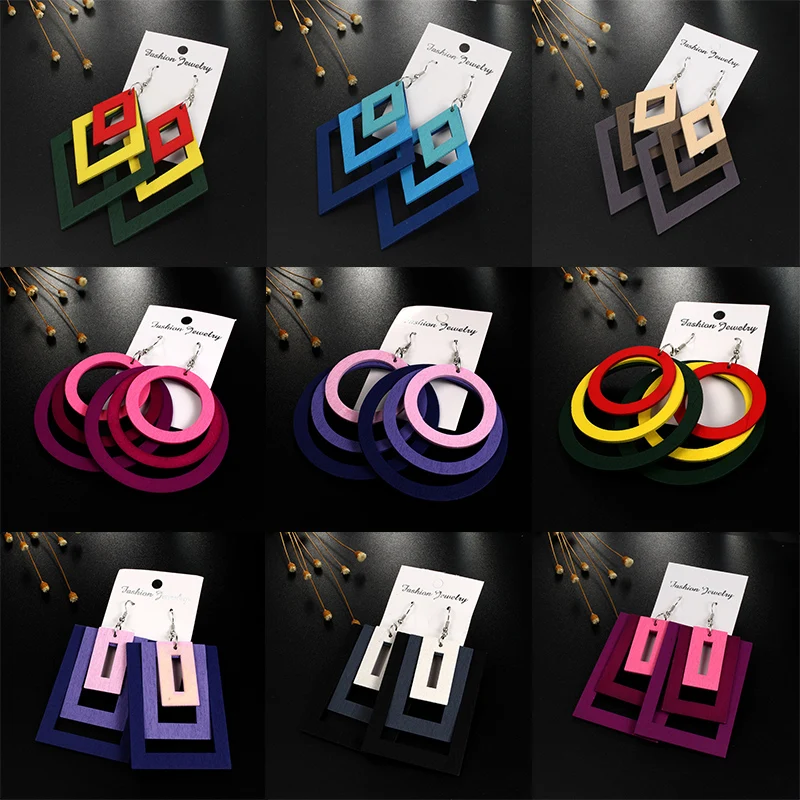 

Square Wooden Drop Earrings Indian Natural Wood Round Multilayer Hollow Rectangle Africa Hot Sale 1Pair Big Geometric Circle