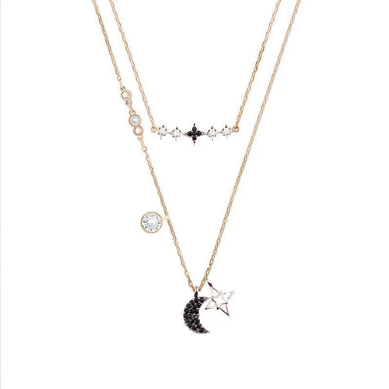 

SWA Fashion Jewelry Charm Leaf Black Bat Moon Crystal Puzzle Clover Hollow Bee Pink Key Two-in-one Double-Layer Female Necklace