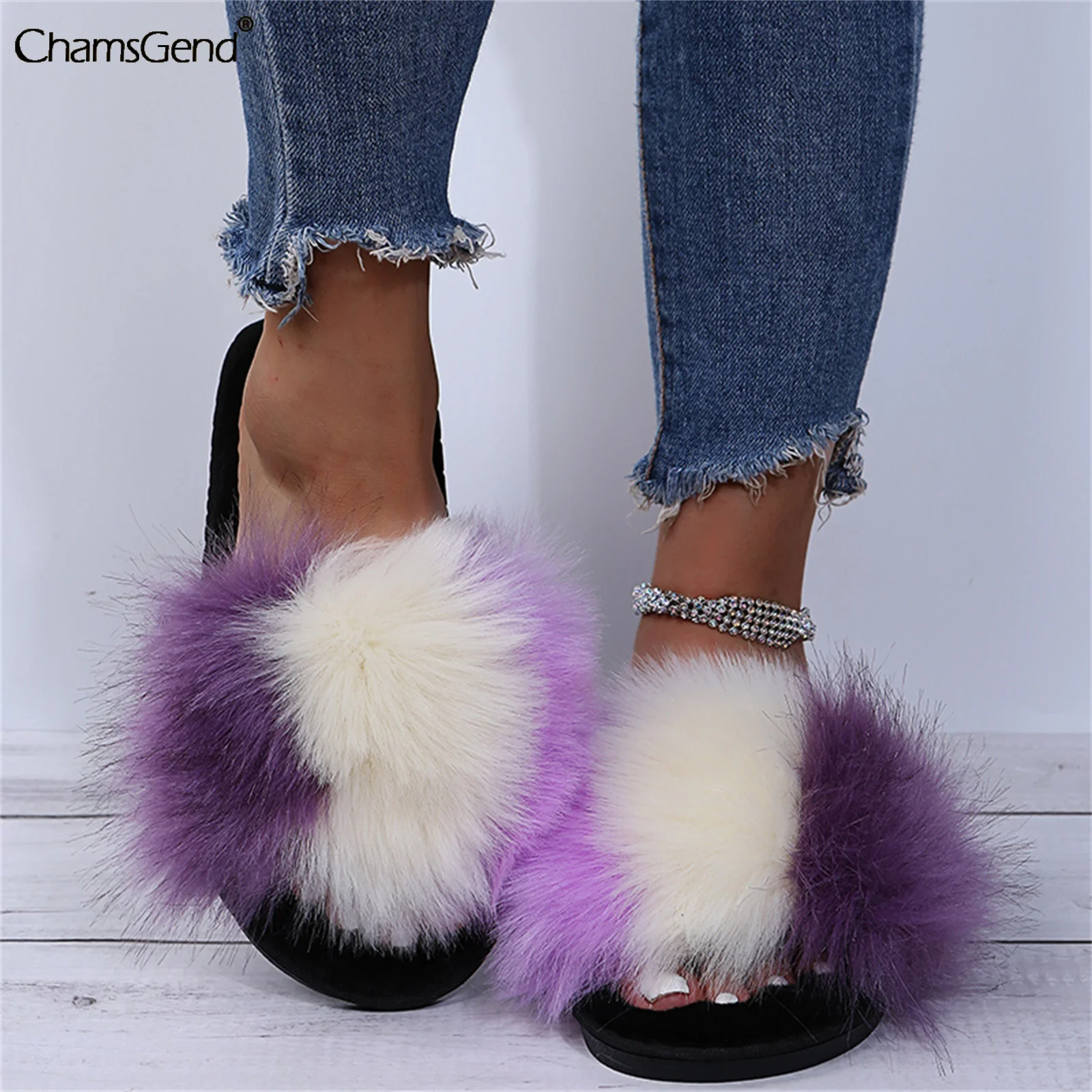 

Женские меховые тапочки, женская обувь, Симпатичные плюшевые пушистые сандалии из лисьего меха, женские меховые тапочки, зимние теплые тапо...
