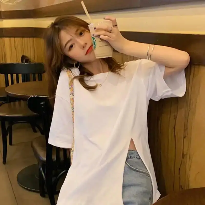 

Foreign style T-shirt women's summer dress 2021 new Korean loose irregular split short sleeve students wear sweet top fashion