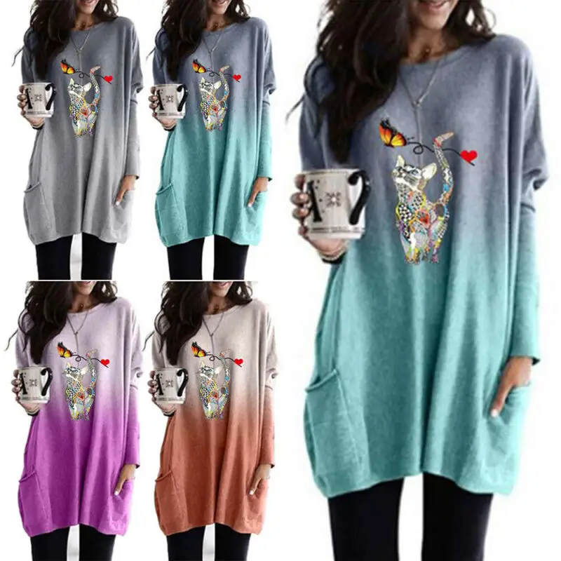 

Womens Loose Casual Pullover Gradient Animal Printed Long Sleeve T-Shirt Tops