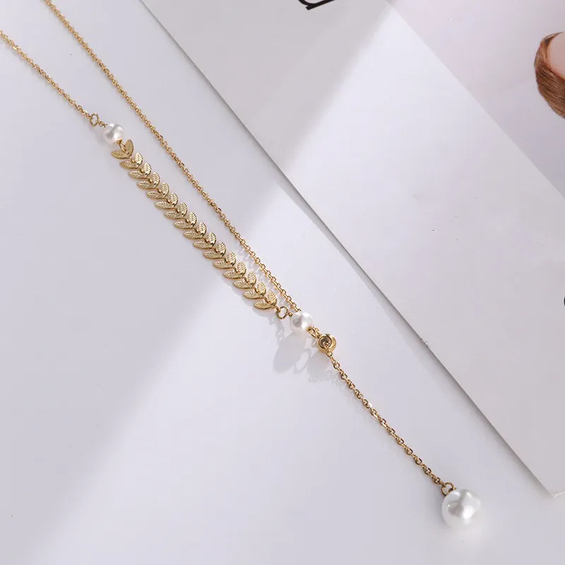 

Pink gold plated stainless steel leaf necklaces for women, simulated pearl necklaces Christmas present jewelry on the neck