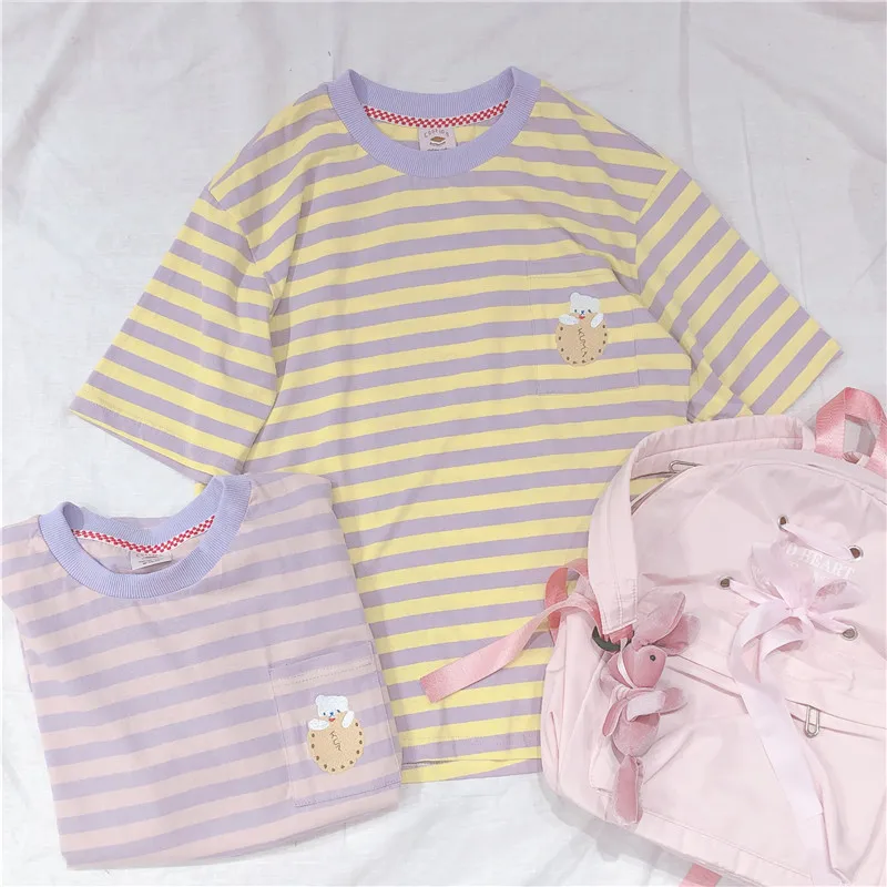 Женские летние футболки с принтом печенья и медведя полосатая футболка коротким